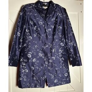 Talbots Petites Navy Pure Silk Floral Embroidered Blazer‎ Pants Suit Set Sz 8P